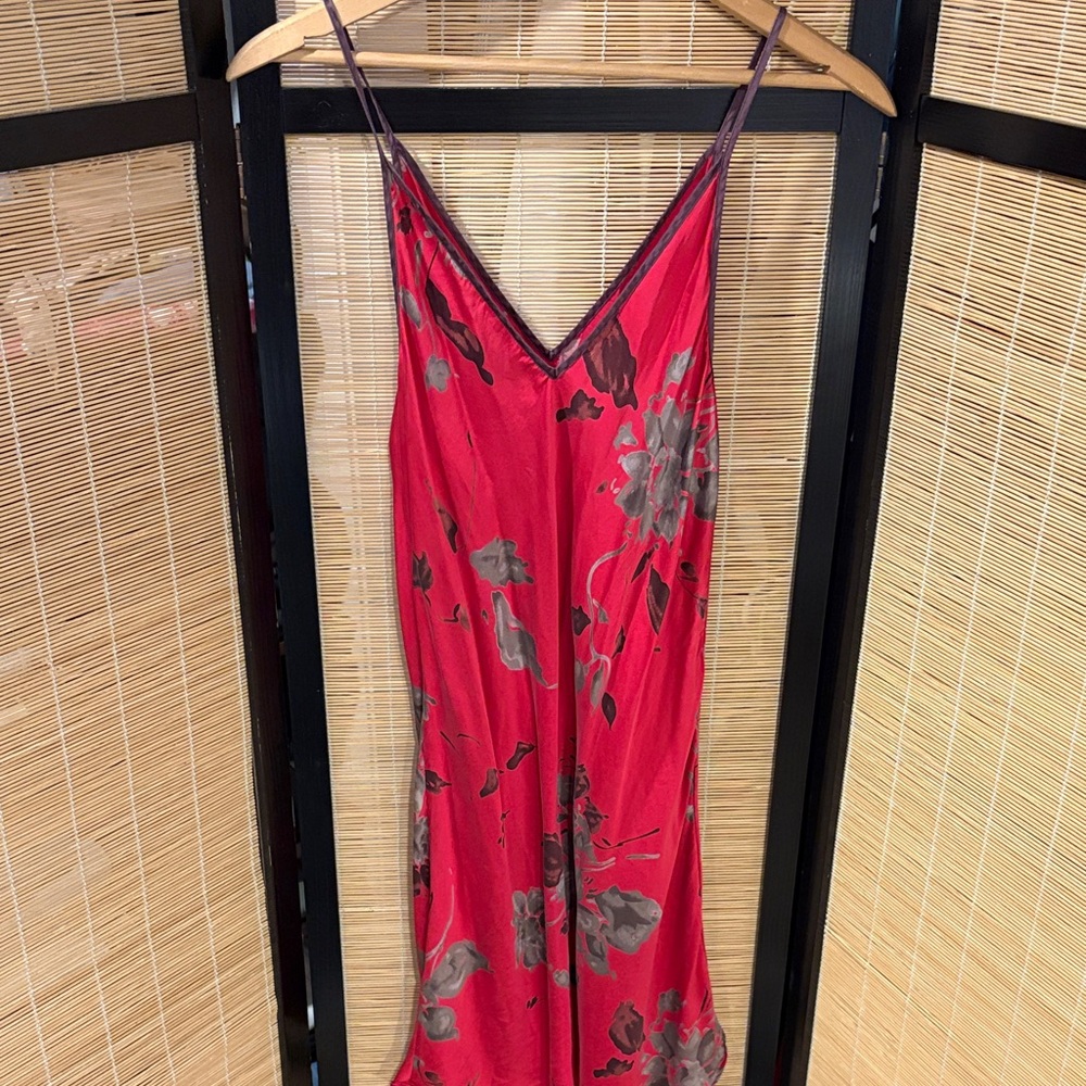 Red Slip silk Mini Dress with Gray Floral Print